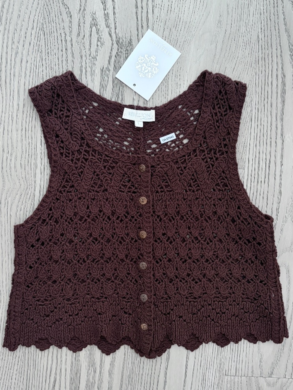 Rebellion Again, Womens, Crochet Knit Button Front Vest, Size L, NEW With Tags